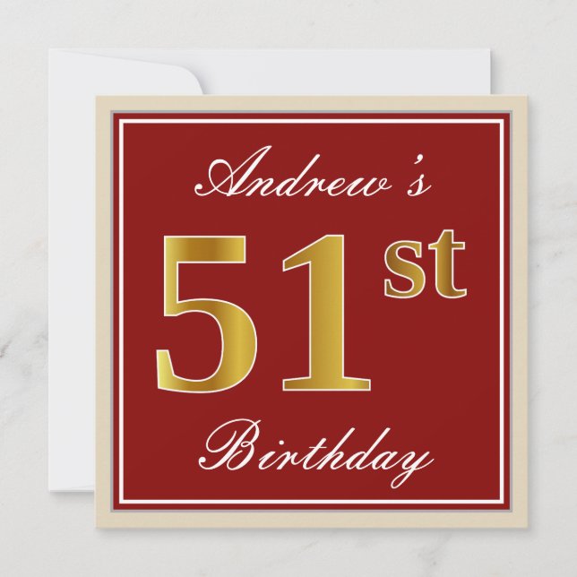 Elegant, rot, Imitate Gold 51. Geburtstag; Individ Einladung (Vorderseite)