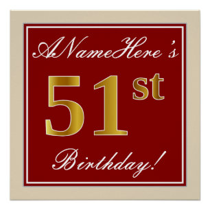 Elegant, rot, Imitate Gold 51. Geburtstag; Individ Poster