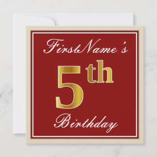 Elegant, rot, Imitate Gold 5. Geburtstag + Individ Einladung