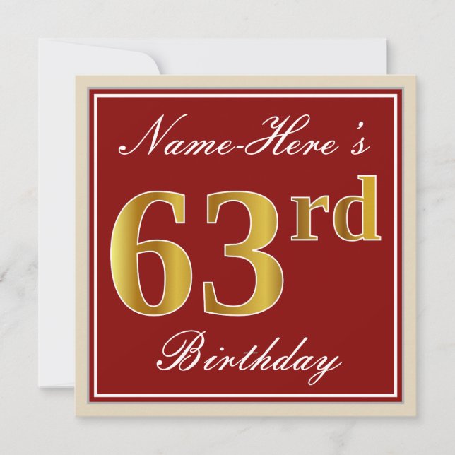 Elegant, rot, Imitate Gold 63. Geburtstag; Individ Einladung (Vorderseite)
