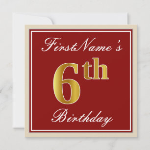 Elegant, rot, Imitate Gold 6. Geburtstag + Individ Einladung