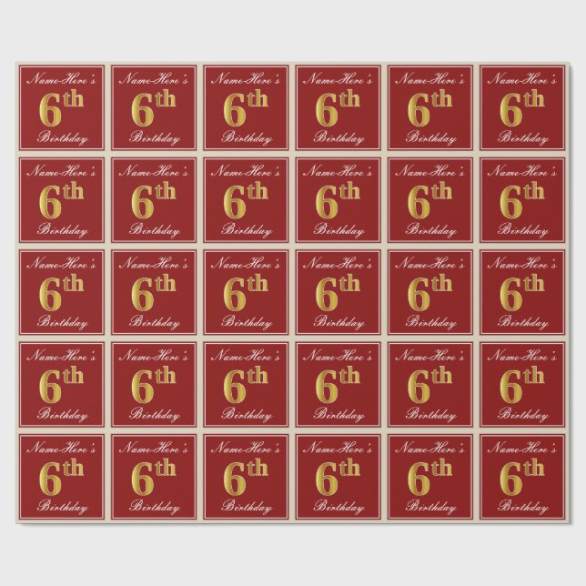 Elegant, rot, Imitate Gold 6. Geburtstag + Individ Geschenkpapier (Flach)