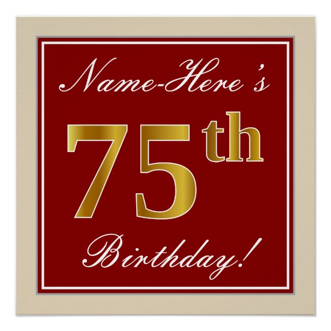 Elegant, rot, Imitate Gold 75. Geburtstag; Individ Poster (Vorderseite)