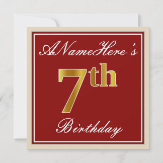 Elegant, rot, Imitate Gold 7. Geburtstag + Individ Einladung