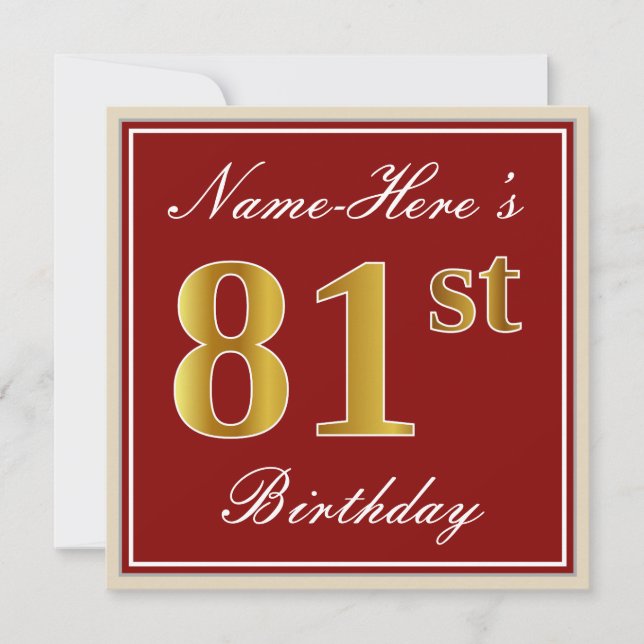 Elegant, rot, Imitate Gold 81. Geburtstag; Individ Einladung (Vorderseite)