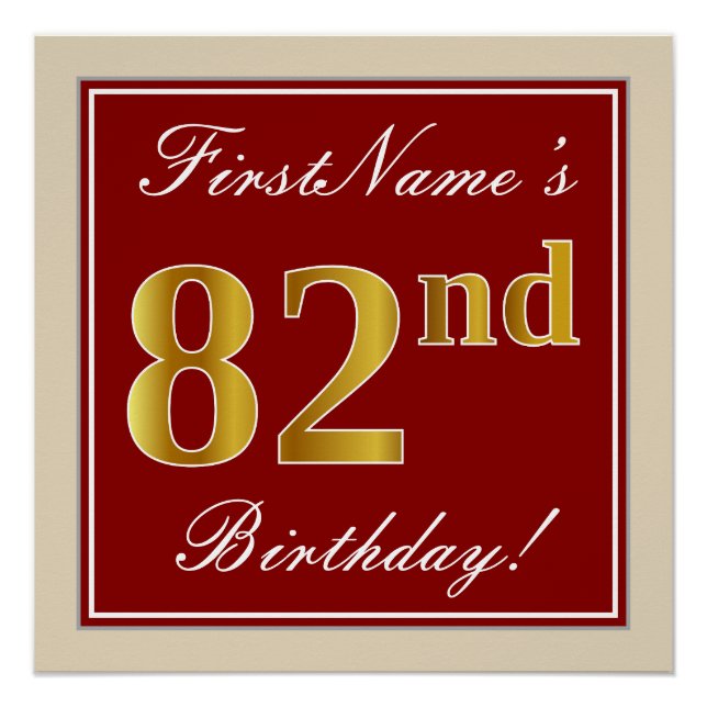 Elegant, rot, Imitate Gold 82. Geburtstag; Individ Poster (Vorderseite)