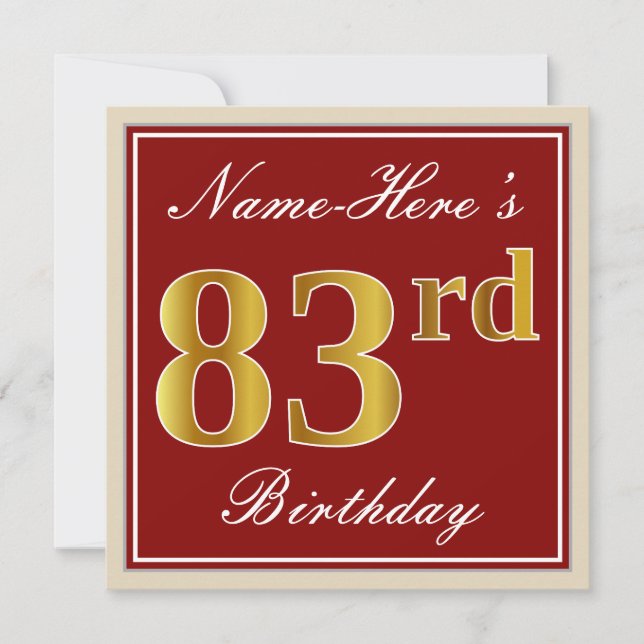 Elegant, rot, Imitate Gold 83. Geburtstag; Individ Einladung (Vorderseite)