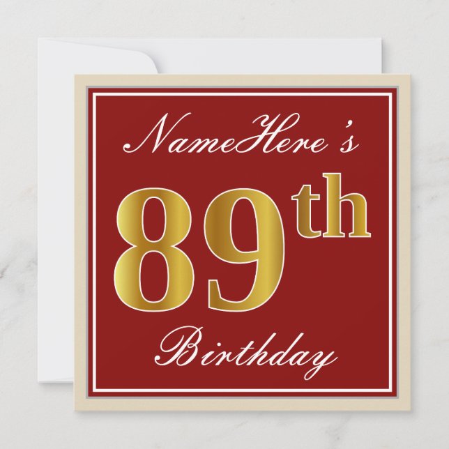 Elegant, rot, Imitate Gold 89. Geburtstag; Individ Einladung (Vorderseite)