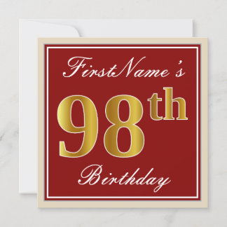 Elegant, rot, Imitate Gold 98. Geburtstag; Individ Einladung