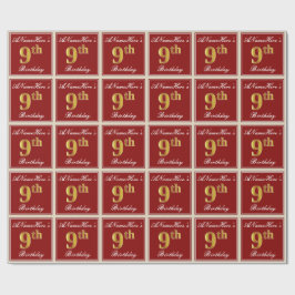 Elegant, rot, Imitate Gold 9. Geburtstag + Individ Geschenkpapier