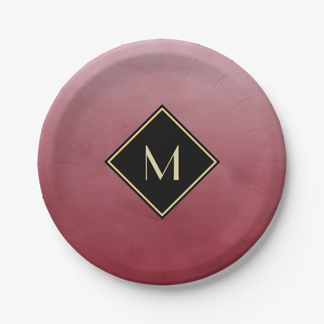 Elegant rot mit einfachem Goldmonogramm Pappteller (Vorderseite)