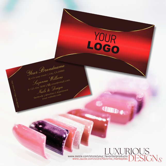 Elegant Rot mit Gold Border und Logo Stilvoll Visitenkarte (Von Creator hochgeladen)