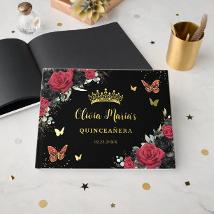 Elegant Rot Schwarze Florale Schmetterlinge Quince Gästebuch