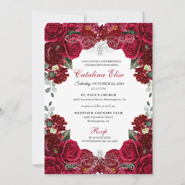 Elegant Rot & Silver Floral Quinceanera Geburtstag Einladung (Rückseite)