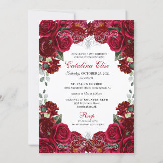 Elegant Rot & Silver Floral Quinceanera Geburtstag Einladung