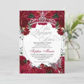 Elegant Rot & Silver Floral Quinceanera Geburtstag Einladung