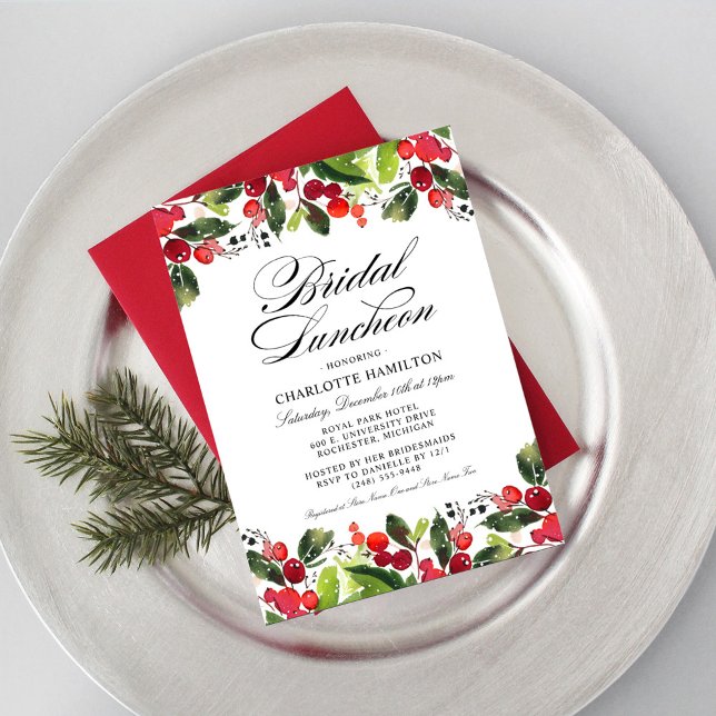 Elegant Rot und Grün Holiday Bridal Luncheon Einladung (Von Creator hochgeladen)