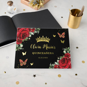 Elegant rote Blumen-Schmetterlinge schwarze Quince Gästebuch