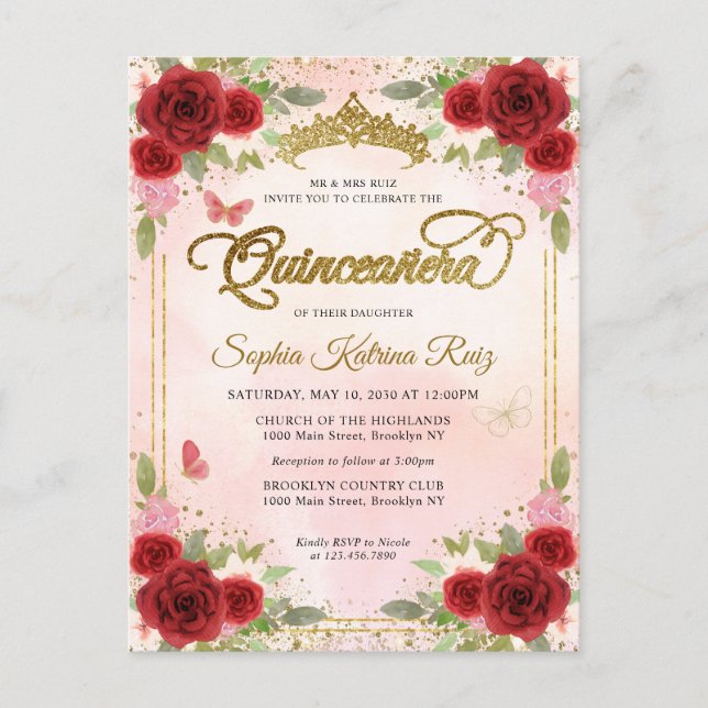 Elegant Rotes Rotes Rosa Gold Tiara Quinceañera Postkarte (Vorderseite)