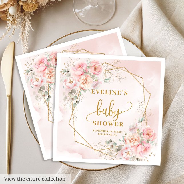 Elegant rötlich-rosa Blütenspülung Serviette (Elegant blush pink floral baby shower paper napkin)