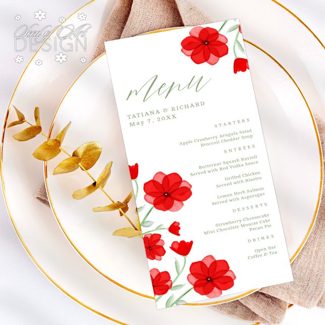 Elégant rouge Aquarelle Poppy Floral Mariage Menu (Créateur téléchargé)