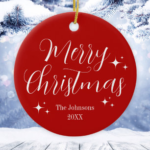 Elégant Rouge Blanc Personnalisé Joyeux Ornement d
