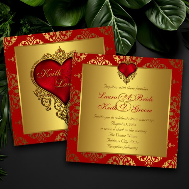 Elégant Rouge et Or Coeur de mariage Invitations (Beautiful red and gold heart wedding and any occasion invitation. Simply add your event details.)