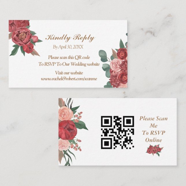 Elégant rouge floral Rustique mariage carte RSVP (Devant / Derrière)