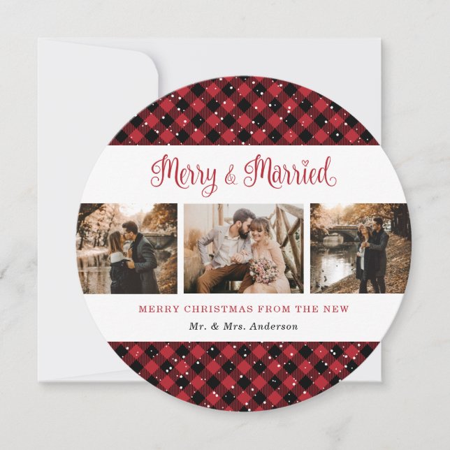 Élégant Rouge Plaid Newlyweds Cartes de Noël (Devant)