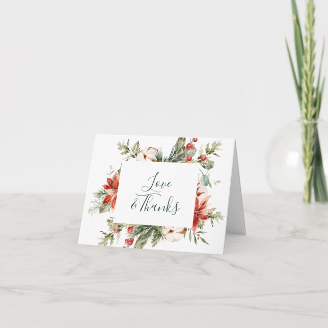 Elégant Rouge Poinsettia Pine Fir Aquarelle Merci  (Devant)