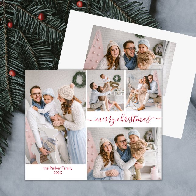 Élégant Rouge Script 5 Photo Collage Cartes de Noë (Créateur téléchargé)