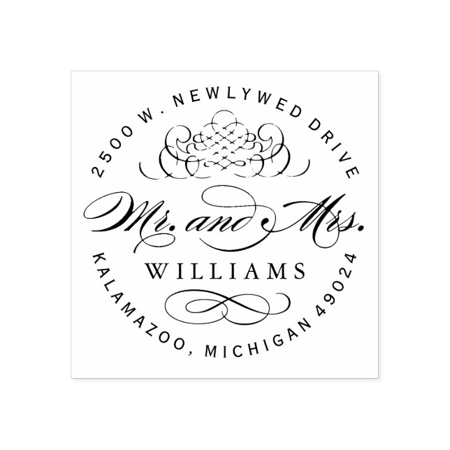 Elegant Round Mr. and Mrs Monogram Rücksendeadress Gummistempel (Prägung)