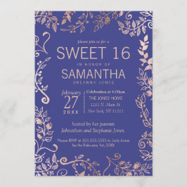 Elegant Roya Blue Rose Gold Floral Sweet 16 Einlad Einladung
