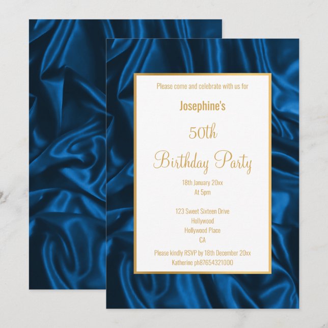 ELEGANT ROYAL BLAUE SATIN GEBURTSTAGLICHE EINLADUN EINLADUNG (Vorne/Hinten)