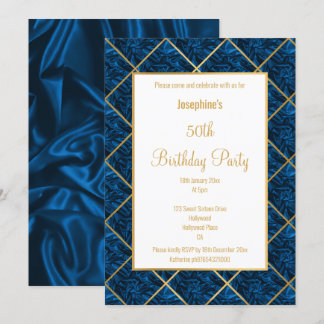 ELEGANT ROYAL BLAUE SATIN GOLD GEBURTSTAGEINLADUNG EINLADUNG