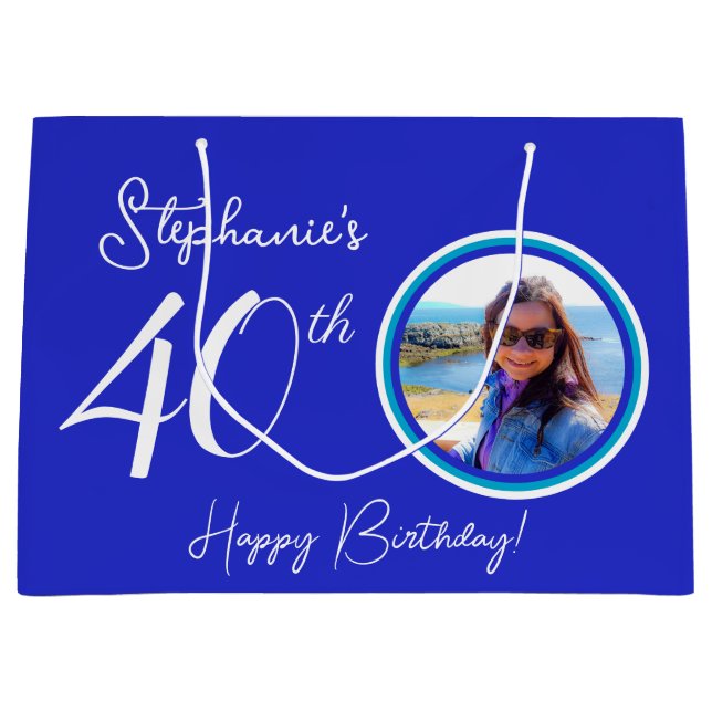 Elegant Royal Blue 40. Geburtstag Foto Große Geschenktüte (Vorderseite)