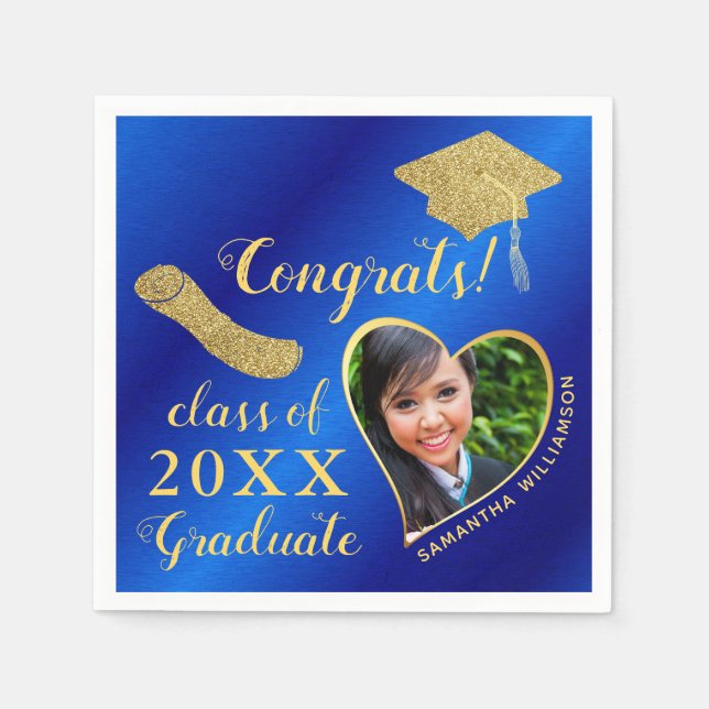 Elegant Royal Blue and Gold Foto 2025 Abschluss Serviette (Vorderseite)