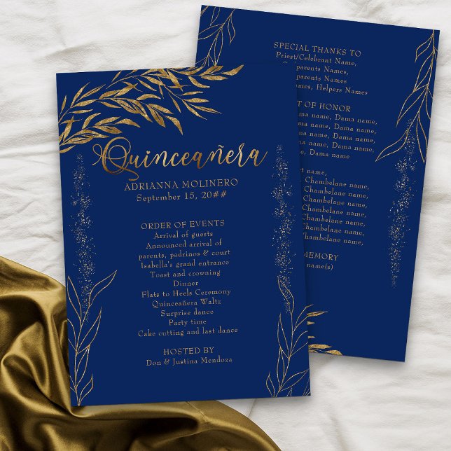 Elegant Royal Blue and Gold Leaf Quinceanera Programm (Royal Blue Program from my Gold Leaf Quinceanera Collection)