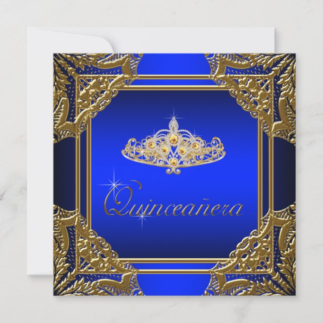 Elegant Royal Blue and Gold Quinceanera Einladung (Vorderseite)