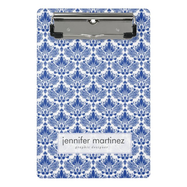 Elegant Royal Blue and White Damasks Mini Klemmbrett (Vorderseite)