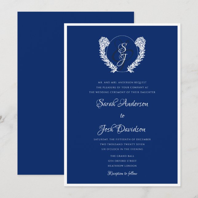 Elegant Royal Blue and White Monogram Einladung (Vorne/Hinten)