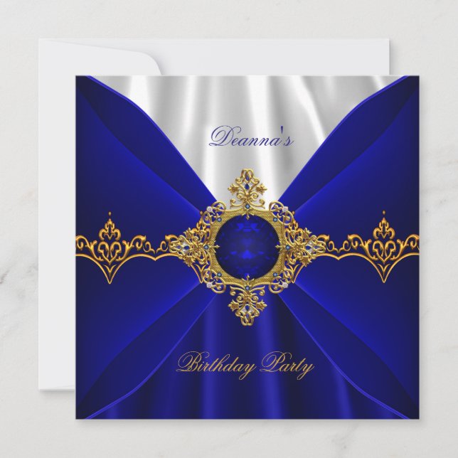 Elegant Royal Blue Birthday Gold Jewel White Silk Einladung (Vorderseite)