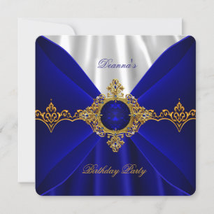 Elegant Royal Blue Birthday Gold Jewel White Silk Einladung