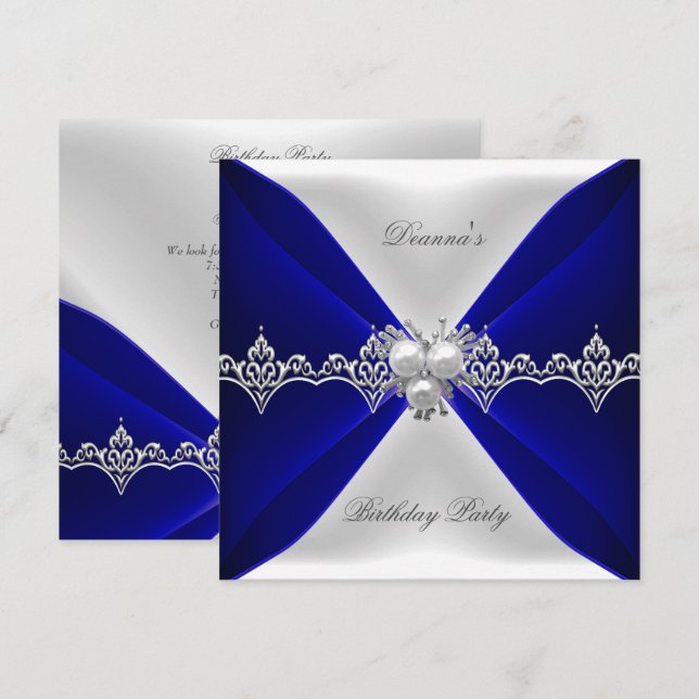 Elegant Royal Blue Birthday Jewel White Silk Einladung (Vorne/Hinten)