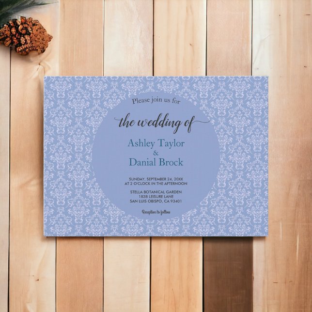 Elegant Royal Blue Damask Script Classic Wedding Einladung (Von Creator hochgeladen)