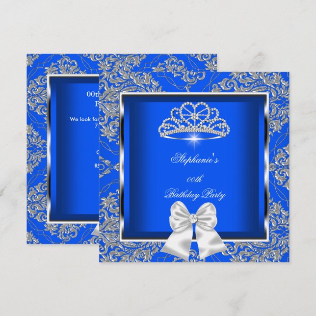 Elegant Royal Blue Damask Silver Birthday Party Einladung (Vorne/Hinten)