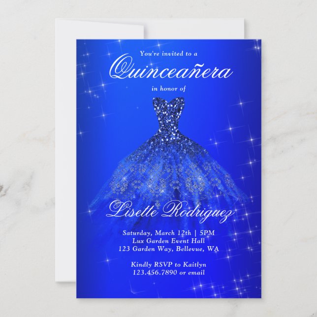Elegant Royal Blue Dress Quinceanera Einladung (Vorderseite)