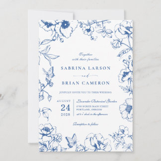 Elegant Royal Blue Floral Garden Wedding Photo Einladung