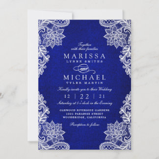 Elegant Royal Blue Floral Lace Wedding Invitation Feiertagskarte