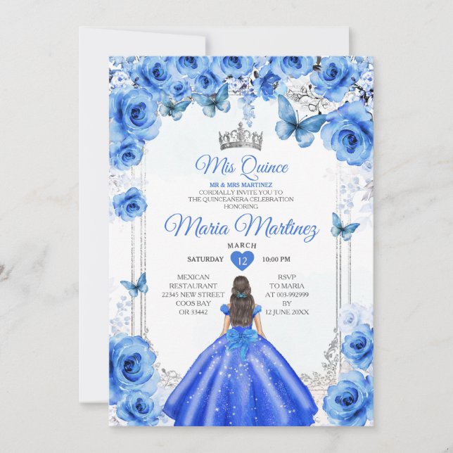 Elegant Royal Blue Floral Princess Mis Quince Einladung (Vorderseite)